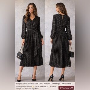 Tahari Elegant Black Pleated Midi Dress Metallic Gold Stripe – NWT Size 8